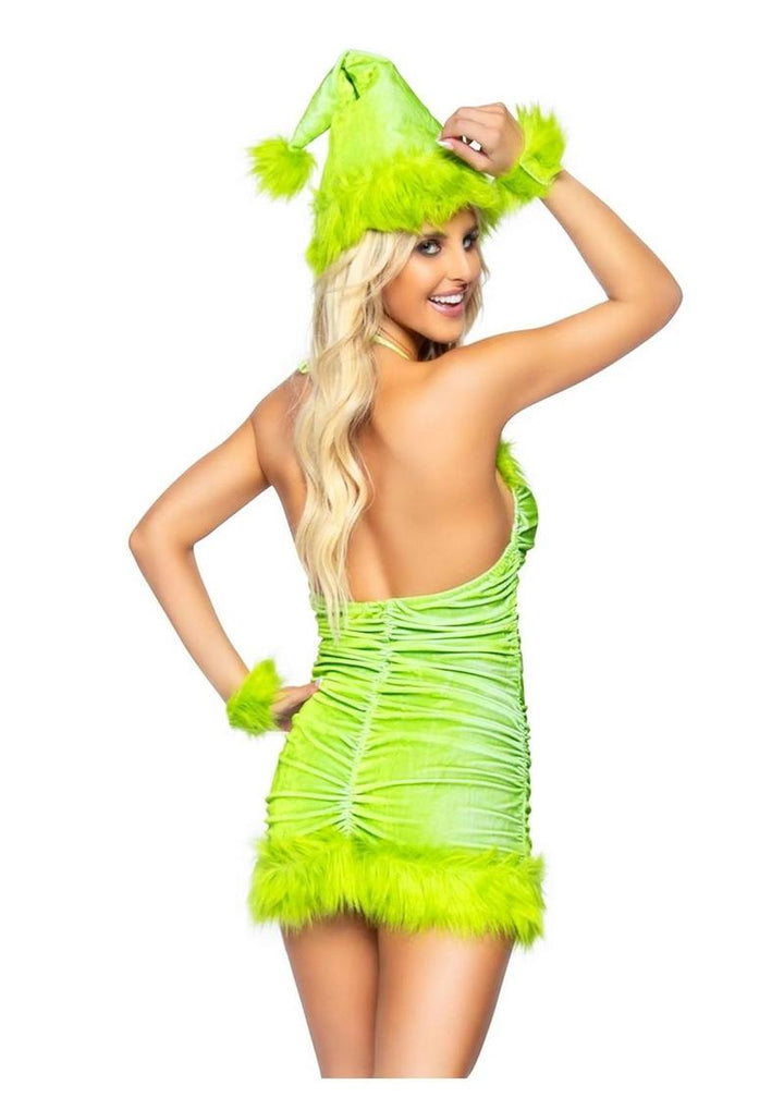 Leg Avenue Christmas Baddie Set Ruched Velvet Dress with Tie Back Halter Straps and Fur Trim, Wrist Cuffs, and Hat - Green - Medium - 3 Piece