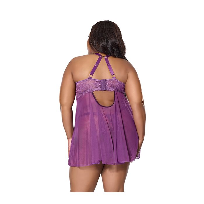 Metallic Stretch Lace & Mesh Babydoll w/Thong