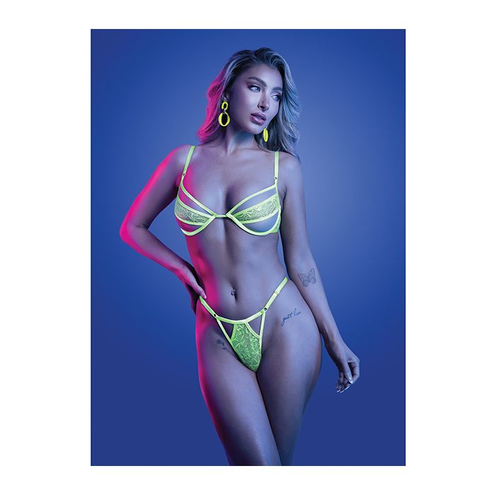 Mind Control UV Reactive Lace and Mesh Underwire Bra & Thong