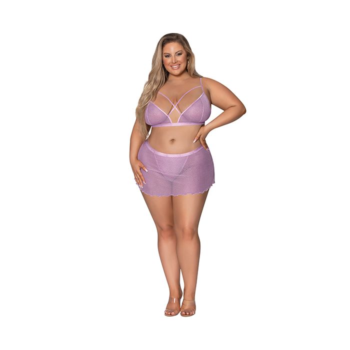 Girl Next Door Strappy Bralette w/Flirty Thong Skirt Lilac