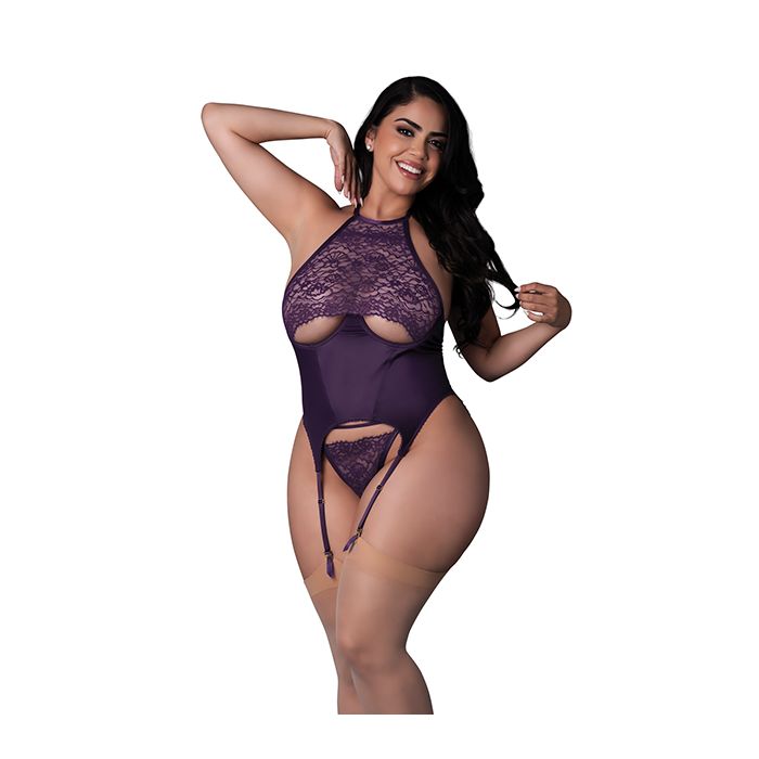 Leather & Lace Stretch Mesh and Lace Underboob Cutout Corset & Panty 2 pc Set