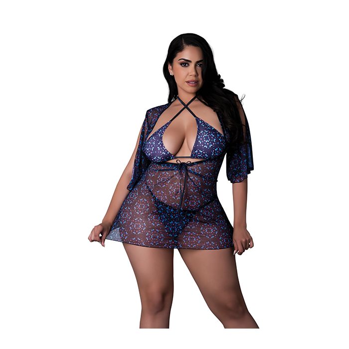 Hazy Dayz Butterfly Blacklight Reactive Halter Top w/Thong & Dress 3 pc Set