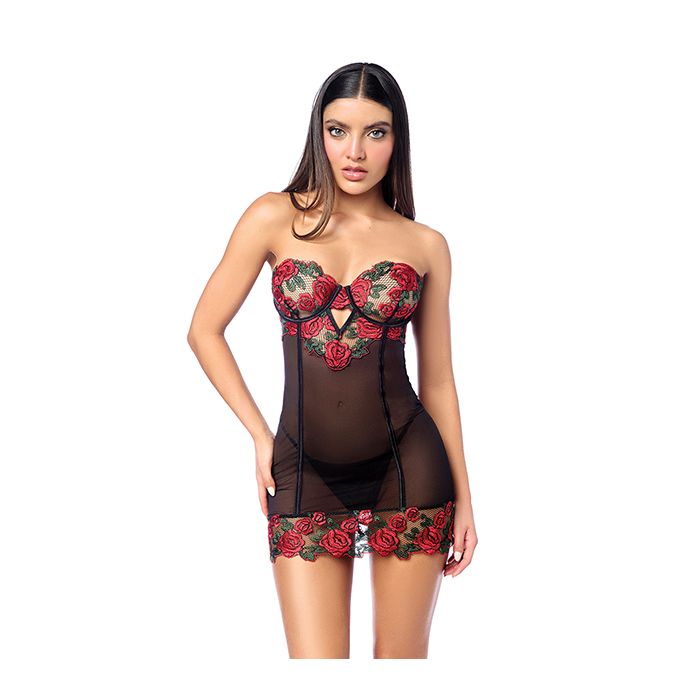 Untamed Floral Embroidered Underwire Babydoll w/Back Lace Up Detail & G-String
