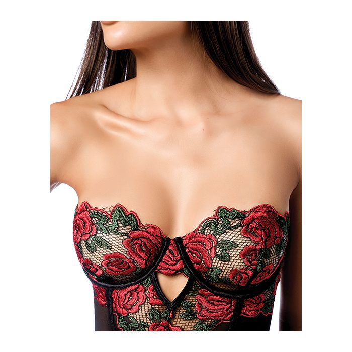 Untamed Floral Embroidered Underwire Babydoll w/Back Lace Up Detail & G-String