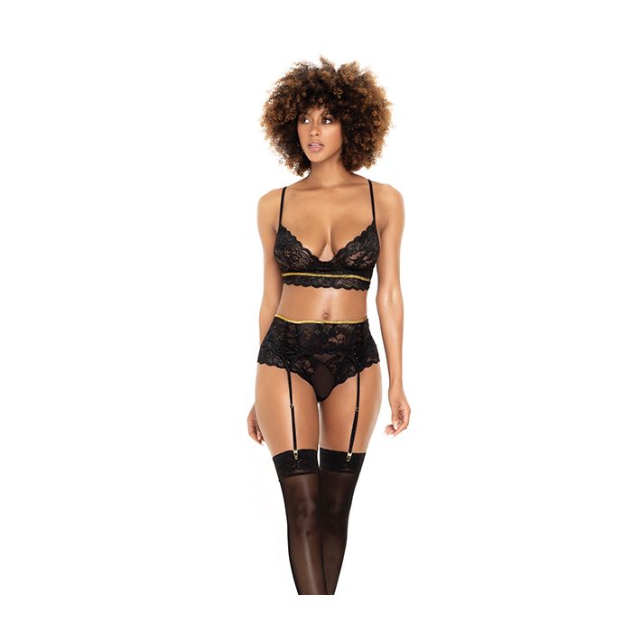 Lace Underwire Bra, Thong & Garterbelt w/Lace Up Detail