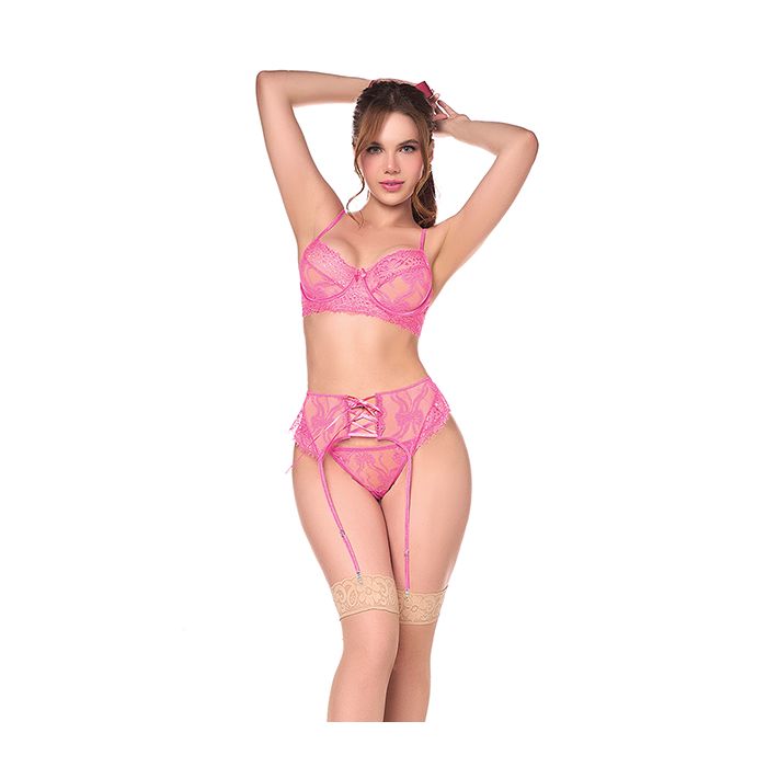 Sheer Lace Underwire Top w/Panty & Garter 3 pc Set