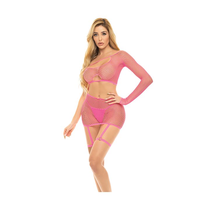 Pink Lipstick Right Thru Me Fishnet Top, Garter Skirt & G-String