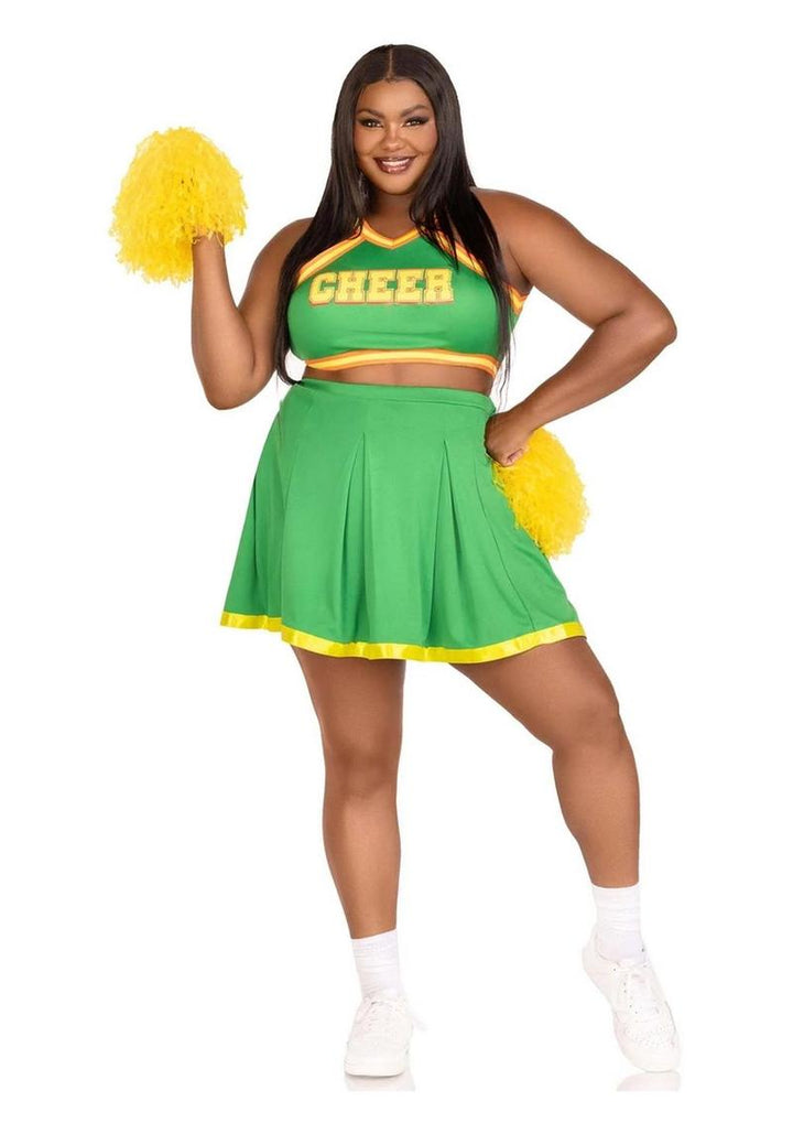 Leg Avenue Bring It Baddie Set Top with Cheer Logo, Pleated Skirt and Pom Pom (3 Piece) - 1x/2x - Green