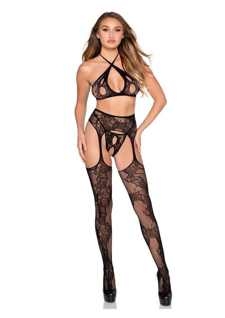 Leg Avenue Lace Open Cup Cross-Over Bra Top Crotchless Panty and Garter Belt Stockings (3 Piece) - Os