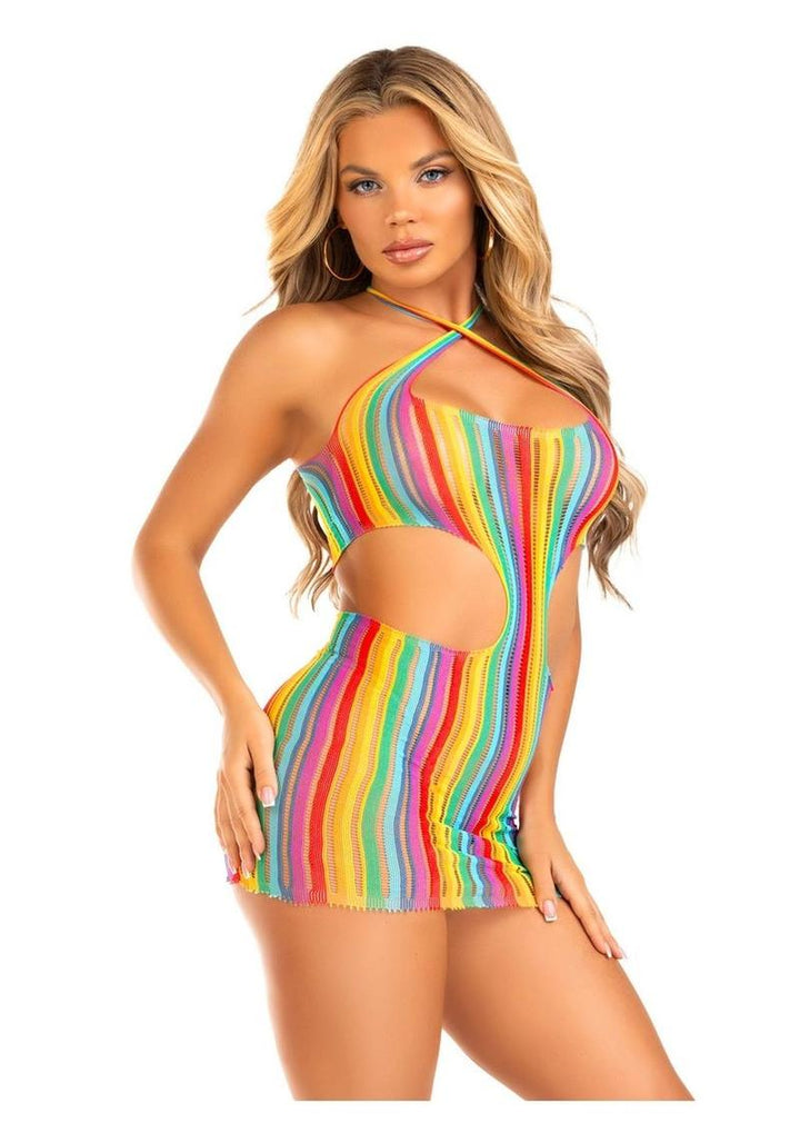 Leg Avenue Rainbow Stripe Cross-Over Halter Mini Dress
