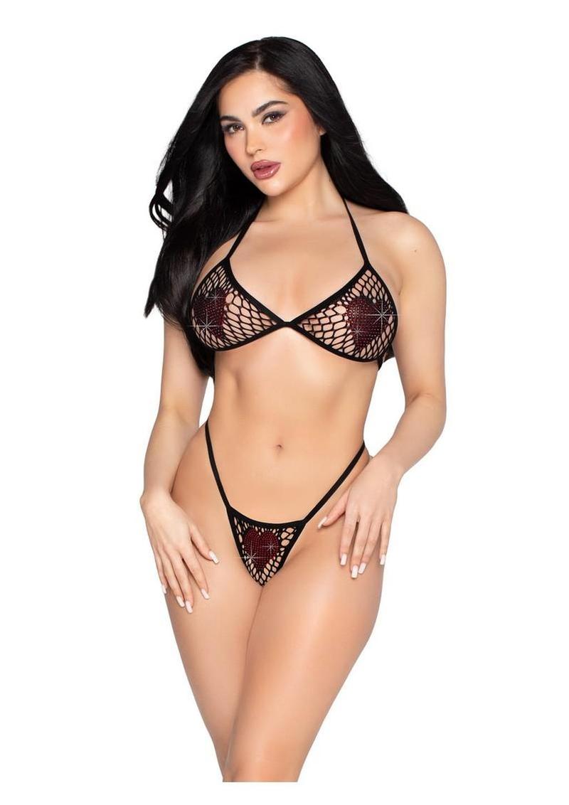 Leg Avenue Rhinestone Heart Fishnet Bra Top and G-String Panty (2 Piece) - Os - Black