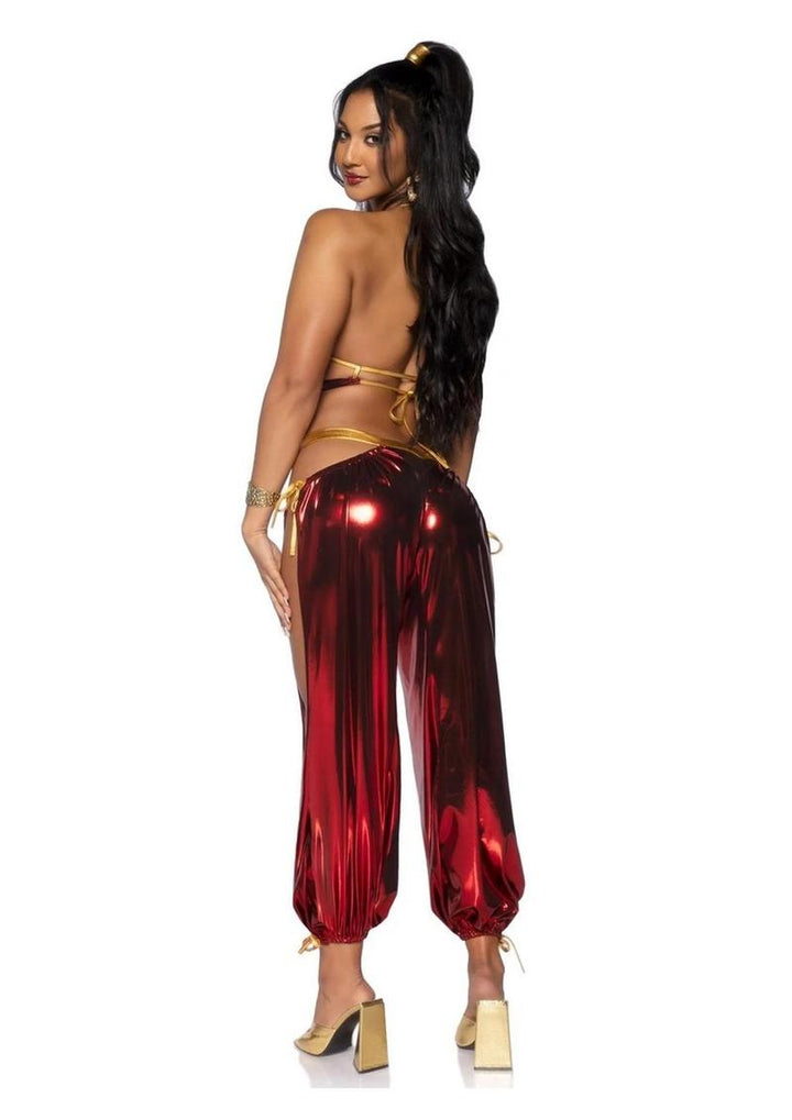 Leg Avenue Ruby Desert Princess Lame Bikini Top and Split Leg Cut-Out Harem Pants with Side Ties - Red - Medium - 2 Piece