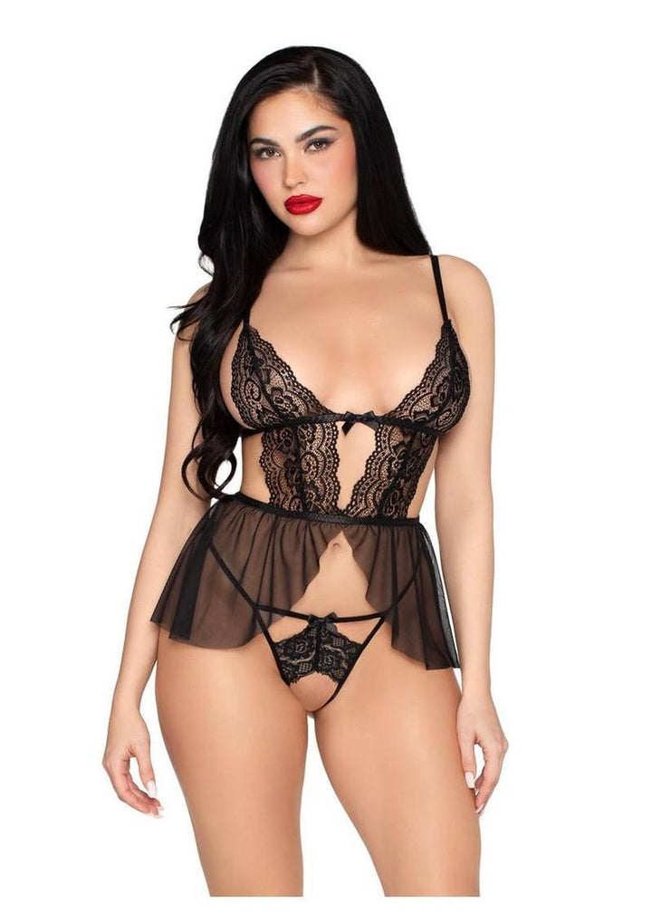 Leg Avenue Scalloped Lace and Mesh Babydoll and Matching Crotchless Panty - Black - Medium - 2 Piece