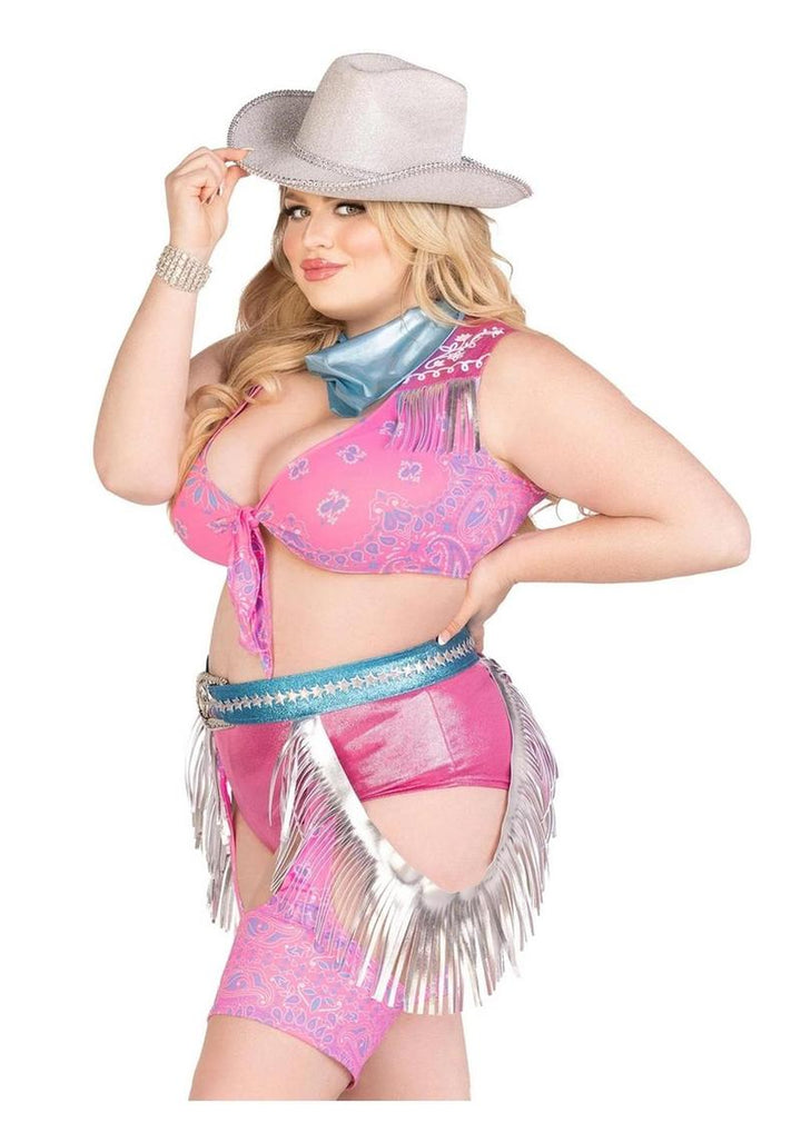 Leg Avenue Space Cowgirl Set Bandana Print Tie Front Crop Top with Fringe Trim, High Waist Bottoms with Attached Chaps, Belt with Fringe Detail, and Neck Bandana (4 Piece) - 1x/2x - Multicolor
