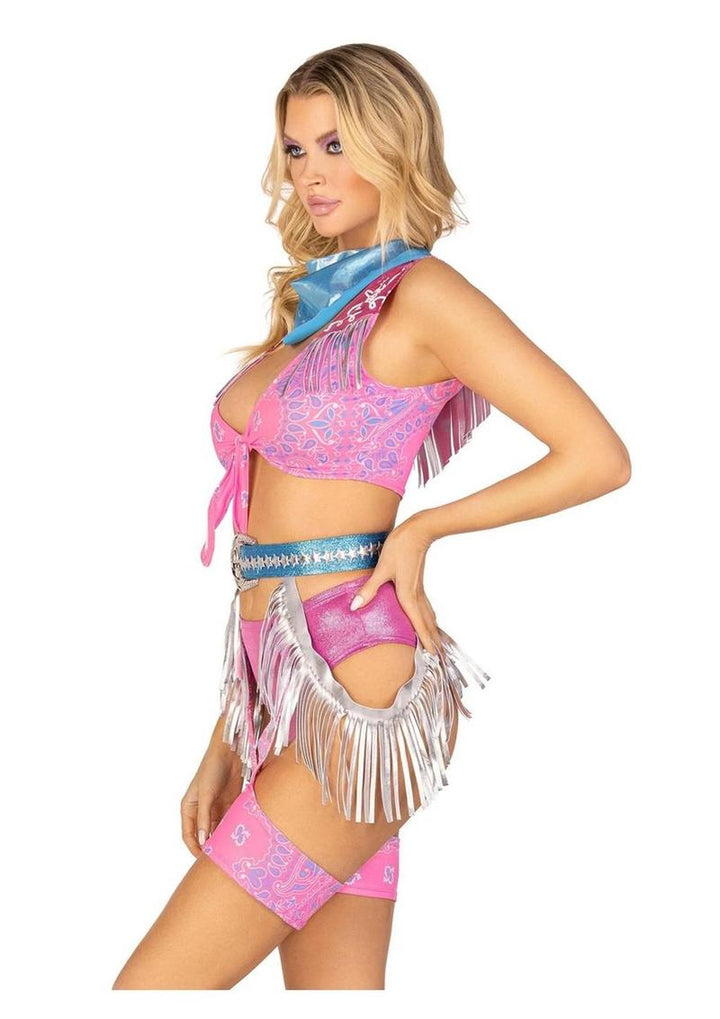 Leg Avenue Space Cowgirl Set Bandana Print Tie Front Crop Top with Fringe Trim, High Waist Bottoms with Attached Chaps, Belt with Fringe Detail, and Neck Bandana - Multicolor - Small - 4 Piece