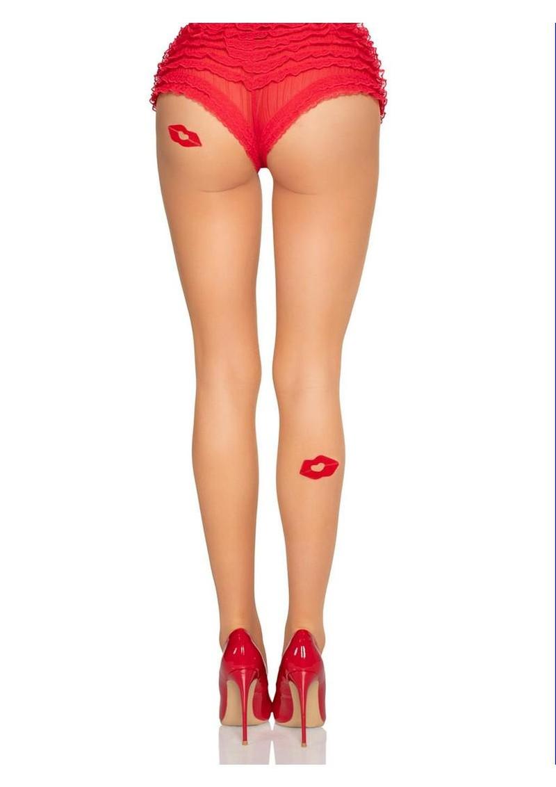 Leg Avenue Spandex Sheer Tights with Embroidered Kiss Accents - Nude/Red - One Size