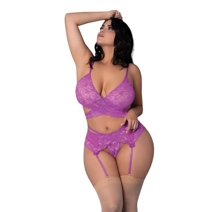 Butterfly Fantasies Cross Over Bralette w/Thong and Garter 3 pc Set