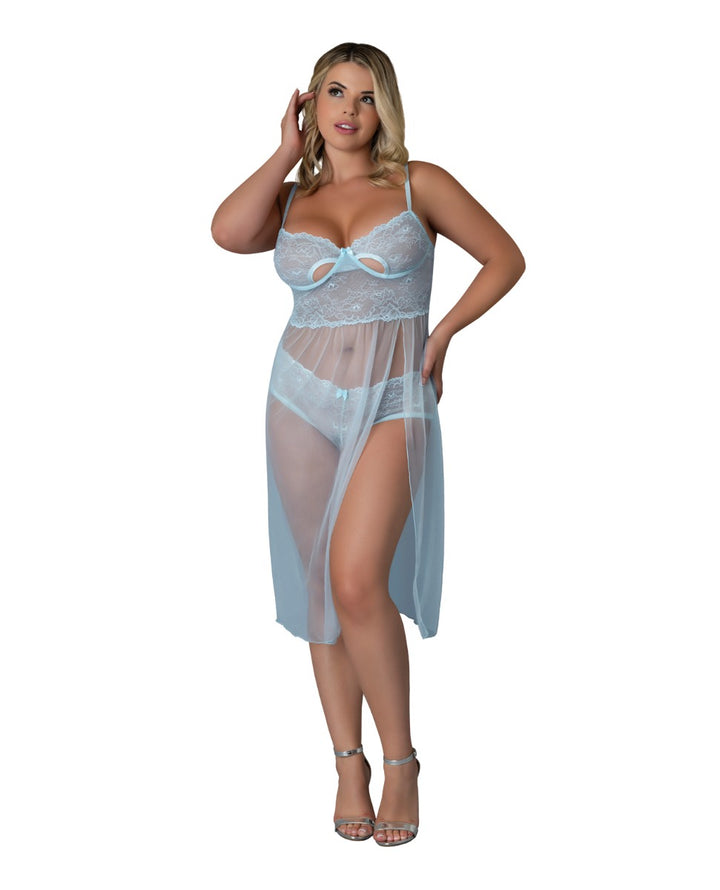 Blue Sky Long Chemise & Boy Short Panty - Light Blue