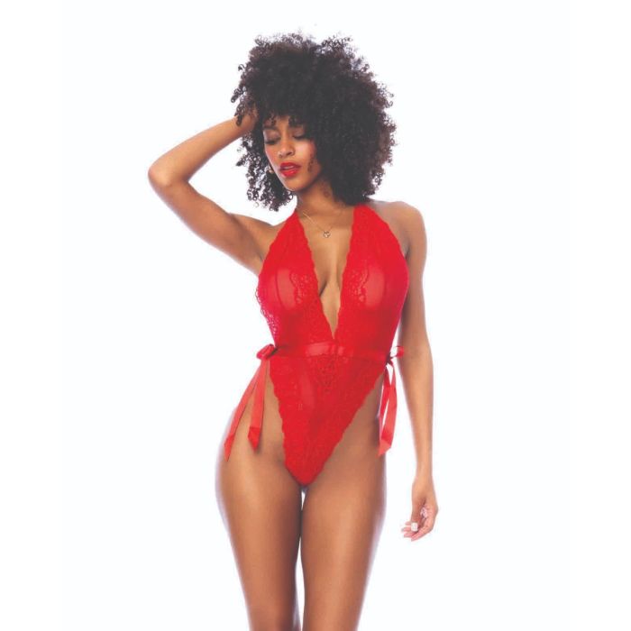 Lace Deep-V Halter Teddy w/Hook and Eye Crotch Closure