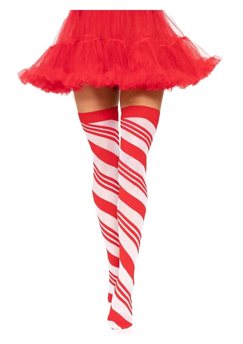 Spandex Sheer Candy Cane Striped Thigh Highs - Red/White - One Size