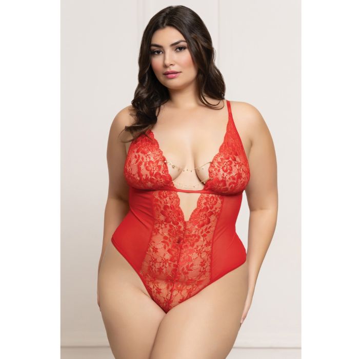 Lace and Mesh Open Crotch Teddy w/Rhinestone Detail